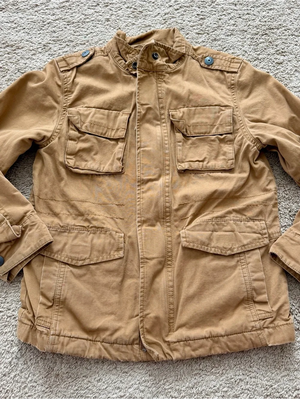 Children’s Place Boys Sz 7/8 Khaki Coat Four Pocket Jacket With Zipper Outdoors